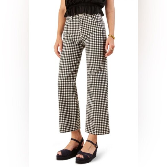 Reformation Fawcett High Waist Cropped Wide Leg Gingham Black White Jeans - Picture 1 of 5
